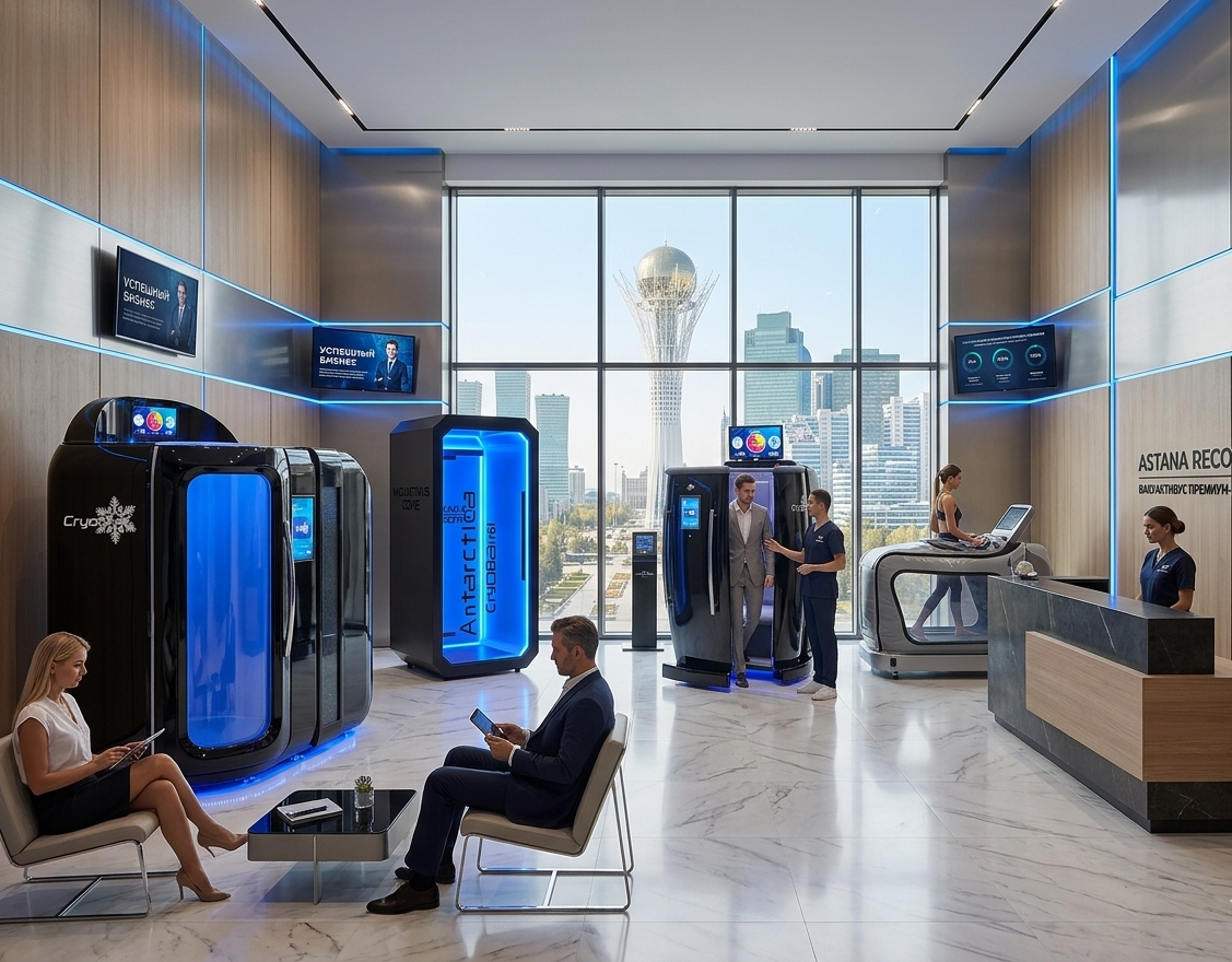 Современный wellness-центр в Астане с криокамерой VACUACTIVUS на переднем плане и панорамным видом на столичный skyline (Байтерек/Khan Shatyr) через большие окна — премиум-интерьер с реальной столичной идентичностью